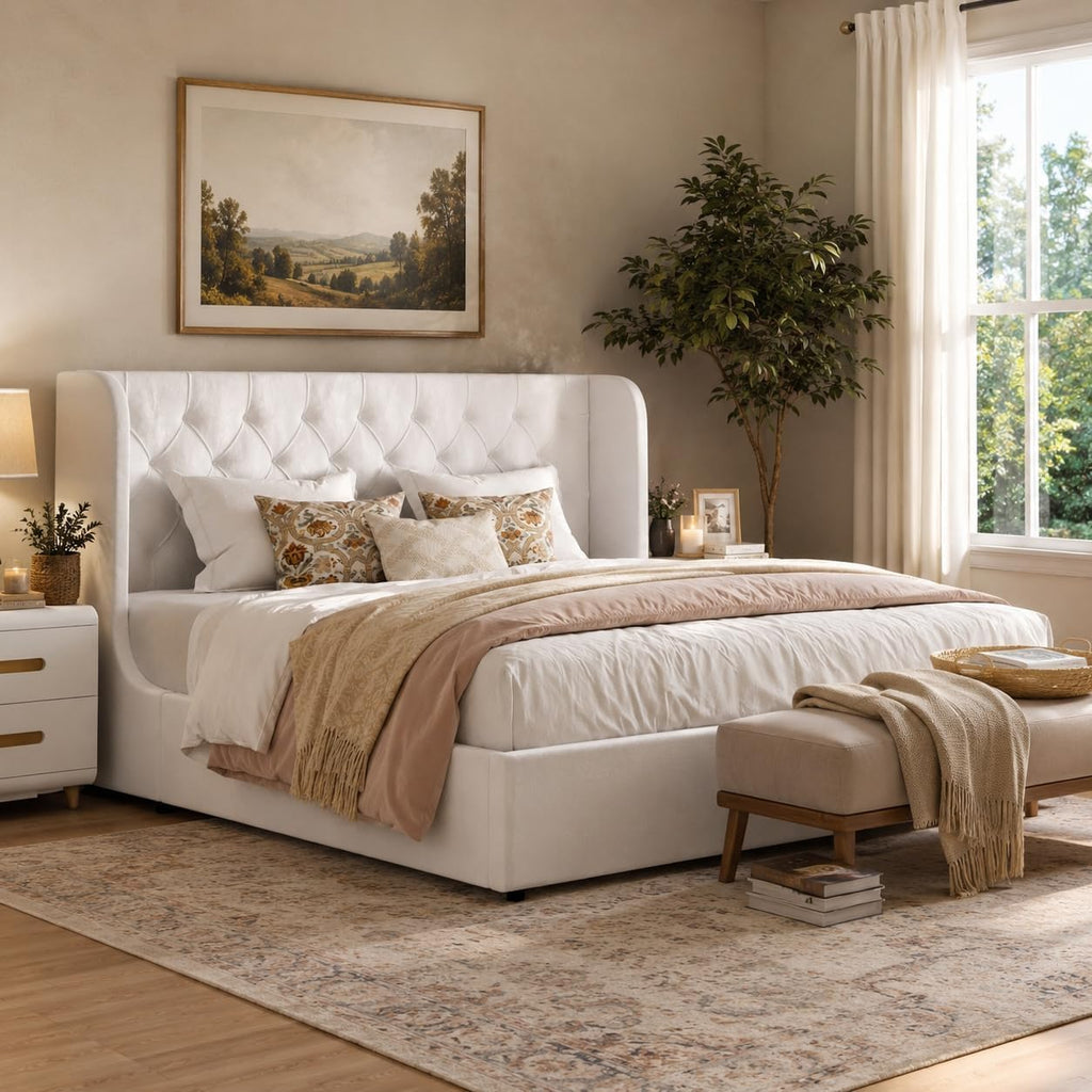 HOMBCK White Queen Bed Frame, Velvet Upholstered Platform Bed Frame with Headboard, Curved Wingback Design, Wooden Slats, No Box Spring, Noise Free, Easy Assembly