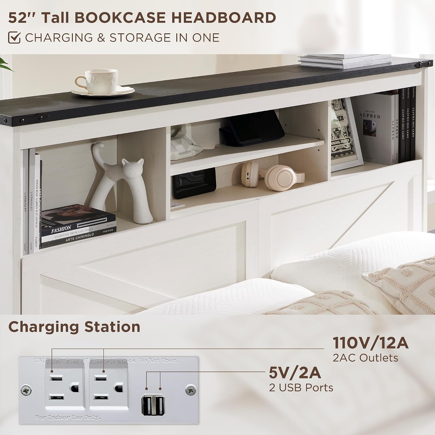 ACCOHOHO Farmhouse King Size Bed Frame with 52' High Storage Bookcase Headboard and 4 Drawers,Wooden Bed Frame with LED Light and Charging Station,White