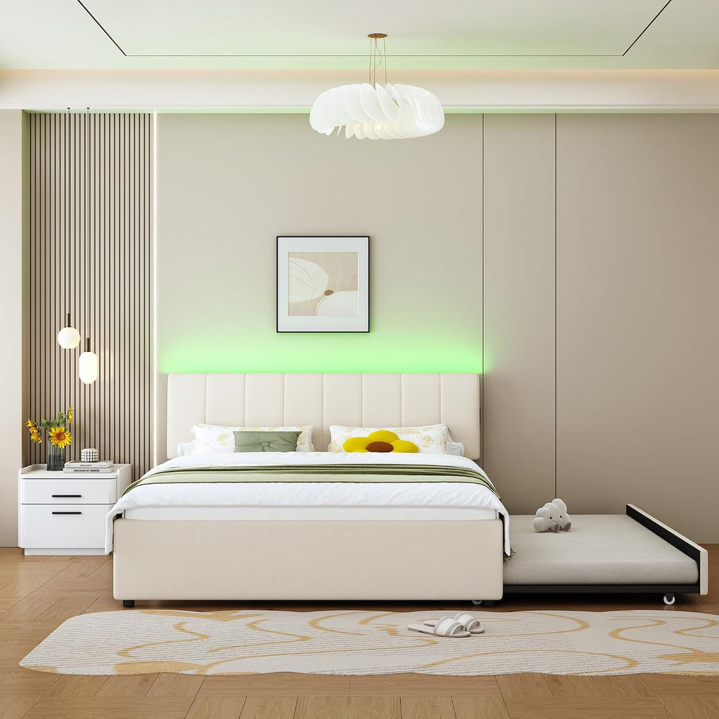 Queen Size Upholstered Platform Bed with Trundle and USB/Type-C Charging, Chenille Fabric Full and Twin Double Bed w/LED Lights with APP for Bedroom,Beige
