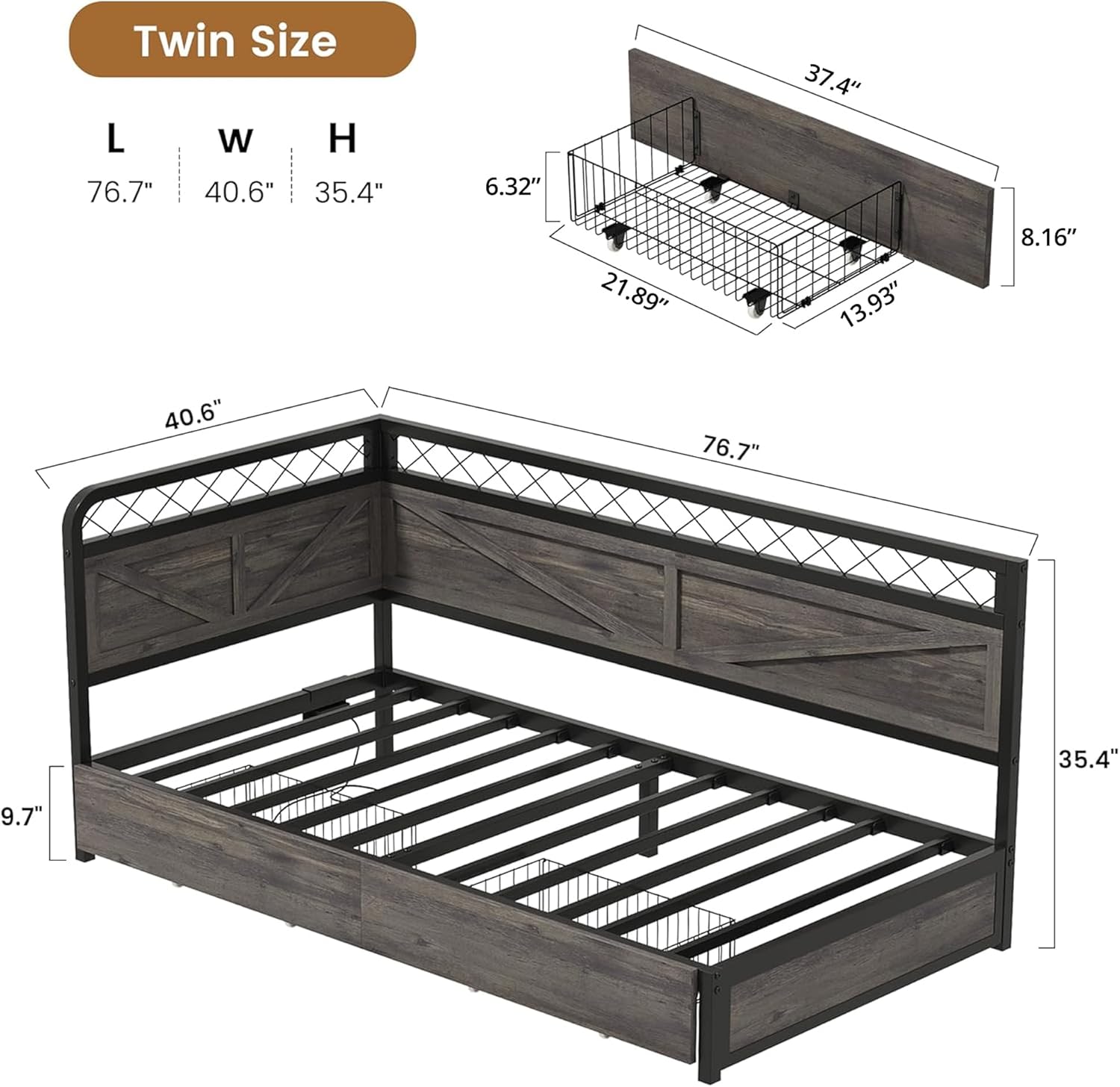 ANCTOR Twin Corner Bed Frame with Storage Drawers, Daybed with LED Lights and Charging Station, No Box Spring Needed, Heavy Duty, Easy Assembly for Living Room, Bedroom and Guest Room, Grey