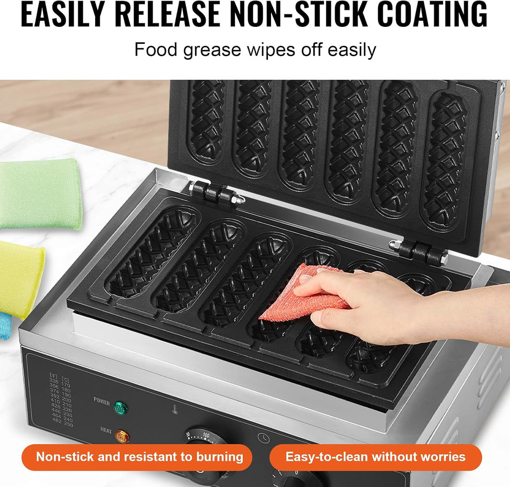 VEVOR Commercial Waffle Stick Maker, 6PCS 1500W Waffle Baker Machine, Non-Stick Stainless Steel Corn Hot Dog Waffle Iron with Temp and Time Control, Handle, for Restaurant Bakery Snack Bar Family