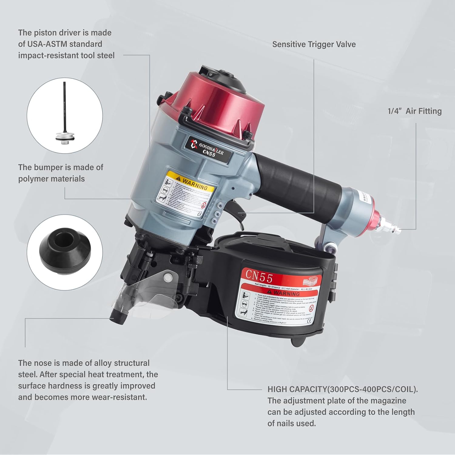 CN55 Siding Nailer 15 Degree 1 Inch To 2-1/4-Inch Coil Siding Nailer Fast Shooting for Wooden Pallet Packing Wood Fencing