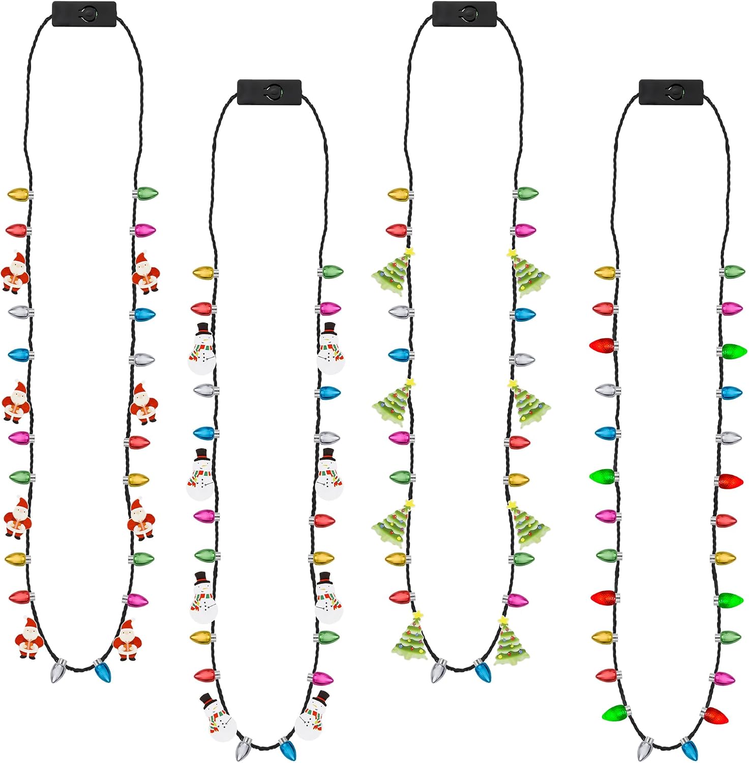 EOBOH 100pcs Christmas Necklaces Bulk, Light up 4 Kinds Christmas Necklace Accessories, Colorful 3 Modes Xmas Bulb Necklaces Party Favors, Xmas Ugly Sweater New Year Family Party Supplies Decorations