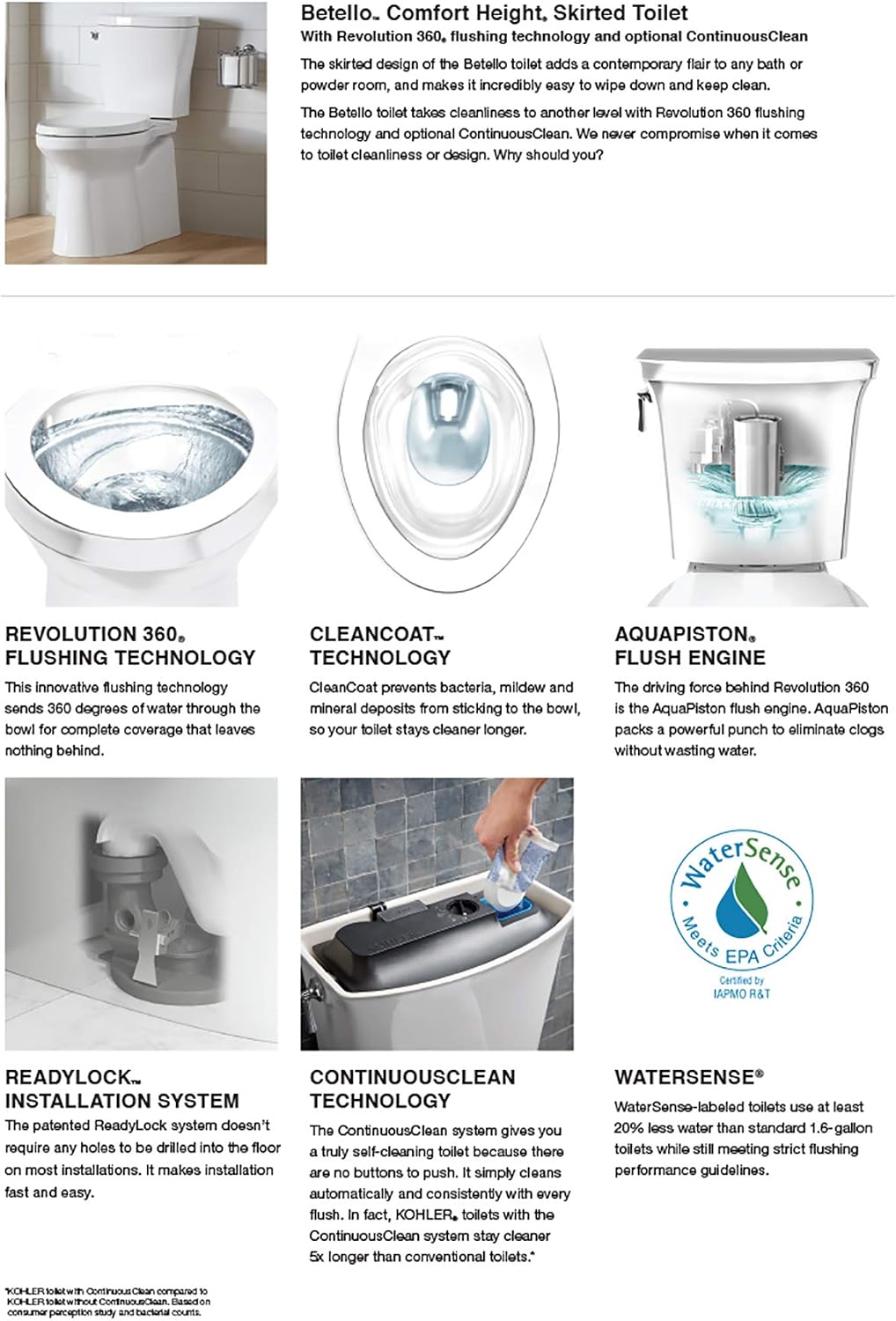 Kohler 20198-0 Betello Comfort Height Two-piece elongated 1.28 gpf toilet with ContinuousClean, skirted trapway, Revolution 360 swirl flushing technology and left-hand trip lever, seat not included
