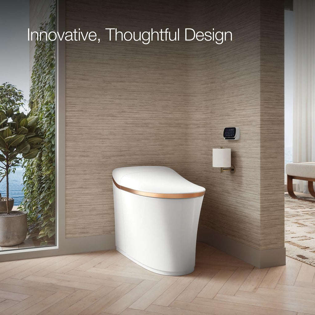 KOHLER K-77795-0SG Eir Comfort Height One-Piece Elongated, Dual-Flush, Smart Toilet with Bidet Built In, White with Sunrise Gold Trim