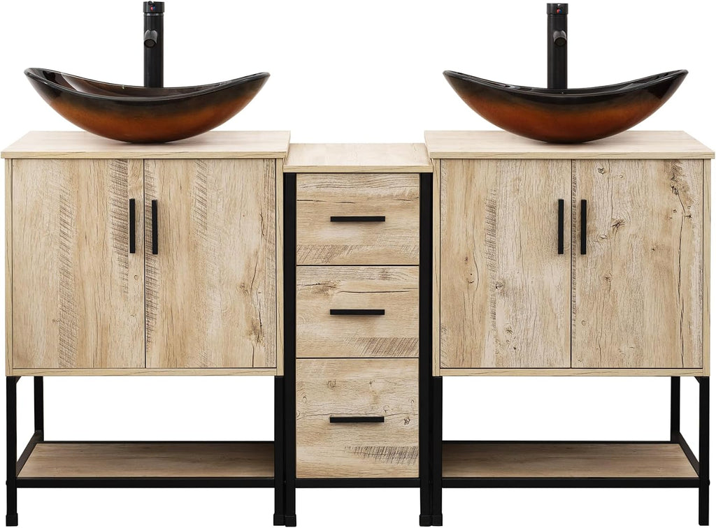 UEV Rustic Oak 60' Double Bathroom Vanity with Sink Combo,Industrial Iron Frame 2 Main Bathroom Vanity with Middle 3 Drawers Cabinet,Modern Brown Boat Tempered Glass Vessel Sink(029BR)