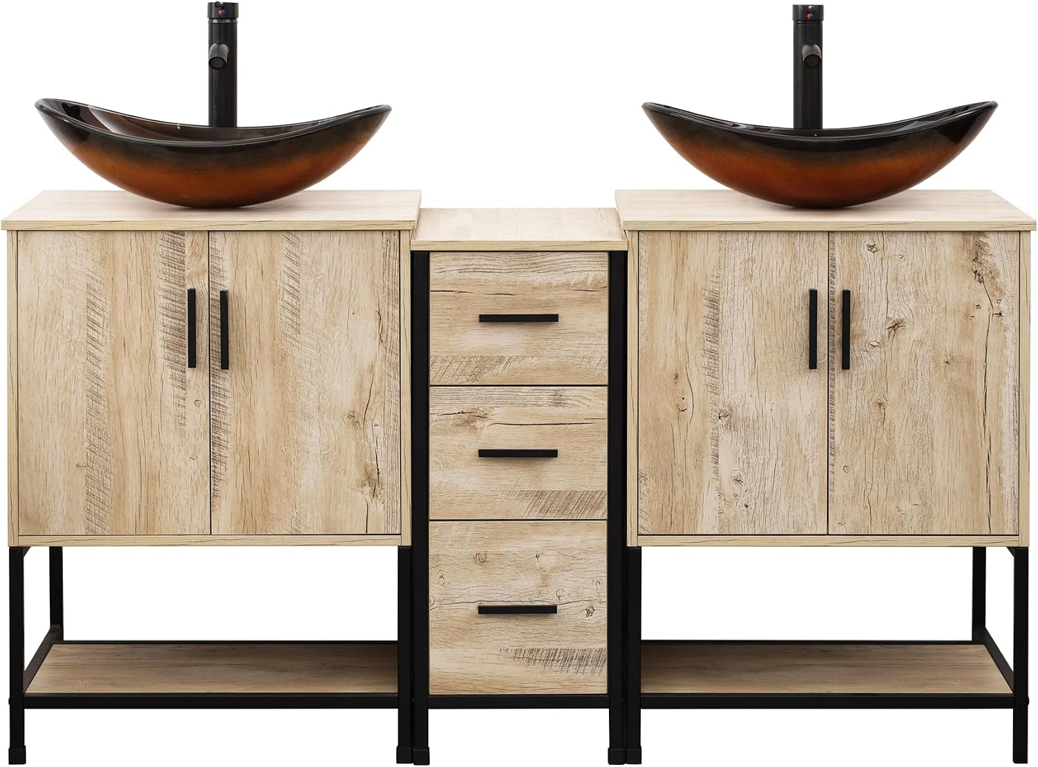 UEV Rustic Oak 60' Double Bathroom Vanity with Sink Combo,Industrial Iron Frame 2 Main Bathroom Vanity with Middle 3 Drawers Cabinet,Modern Brown Boat Tempered Glass Vessel Sink(029BR)