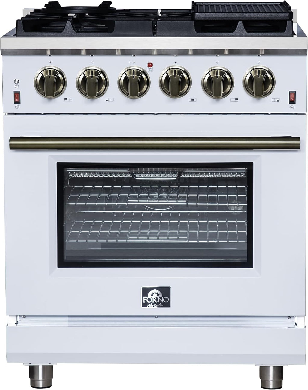 FORNO Massimo 30' Freestanding Gas Range with Antique Brass Accents & 5 Sealed Burners, 4.32 cu.ft Convection Oven with Air Fryer Kit, Wok Support, Reversible Griddle & Telescopic Racks – White