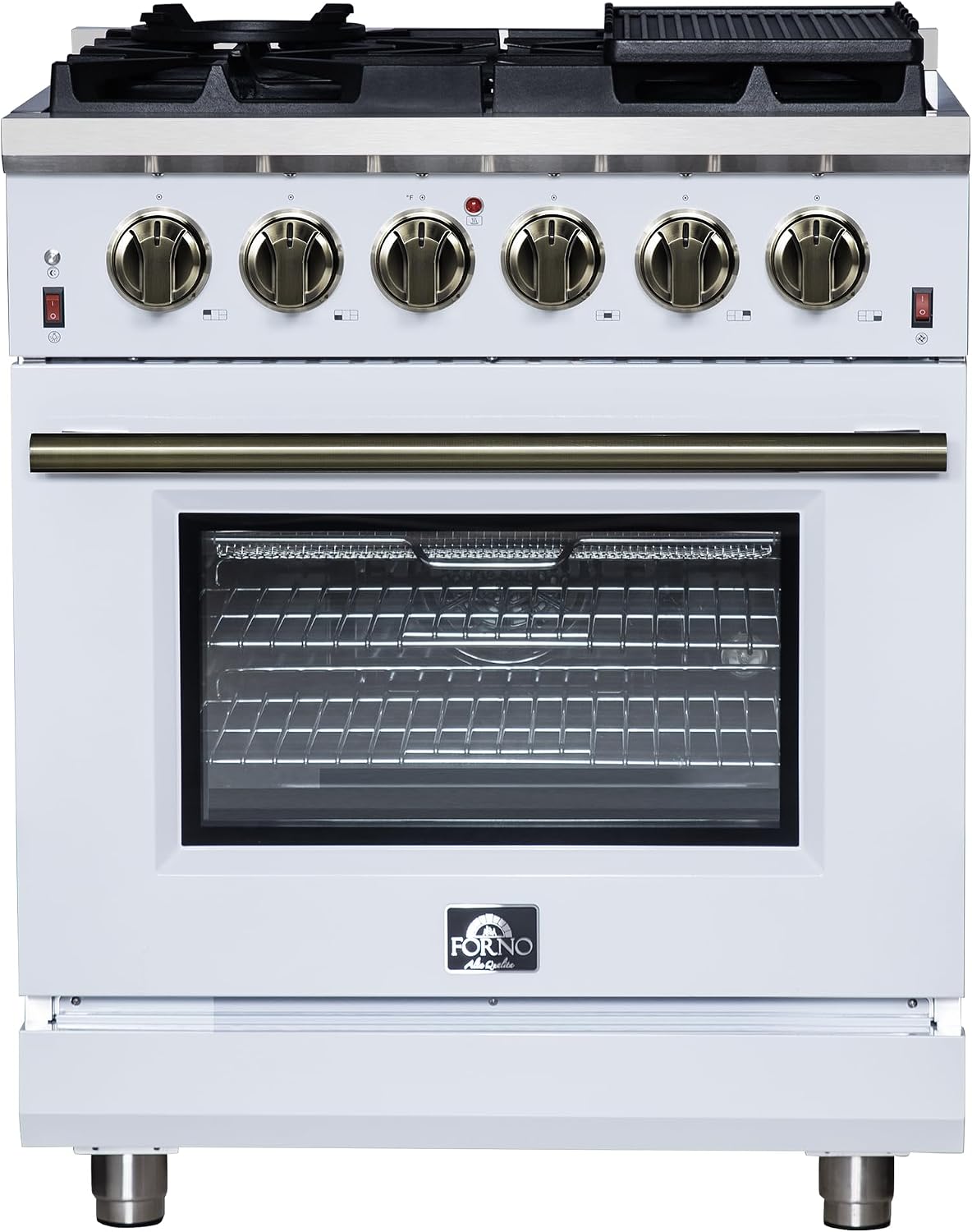FORNO Massimo 30' Freestanding Gas Range with Antique Brass Accents & 5 Sealed Burners, 4.32 cu.ft Convection Oven with Air Fryer Kit, Wok Support, Reversible Griddle & Telescopic Racks – White