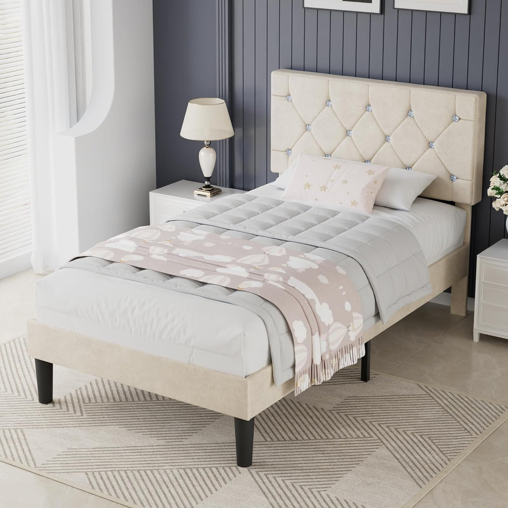 VECELO Twin Size Bed Frame, Upholstered Platform with Adjustable Diamond Tufted Headboard, Wood Slat Support, No Box Spring Needed, Pala Beige