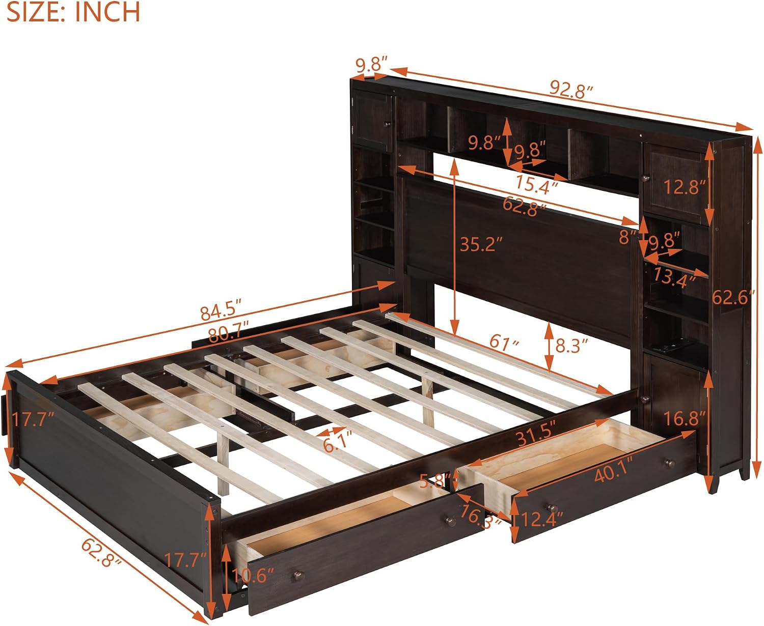 Harper & Bright Designs Queen Storage Bed with Bookcase Headboard, Queen Size Platform Bed with 4 Storage Drawers, Solid Wood Queen Bed Frame with Cabinet and Shelf, No Box Spring Needed (Espresso)