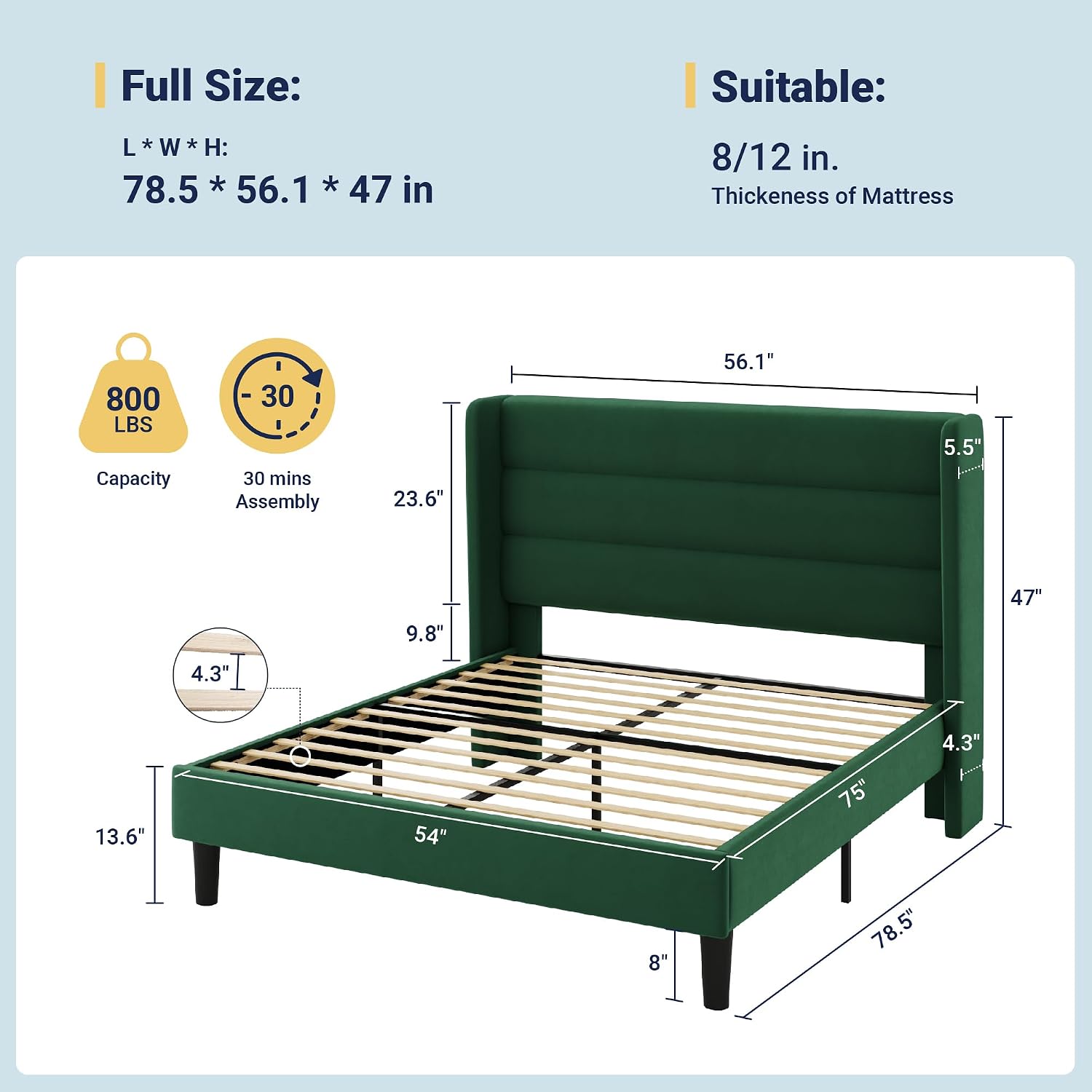 Allewie Full Size Platform Bed Frame with Velvet Upholstered Wingback Headboard, No Box Spring Needed, Under Bed Storage Space, Strong Wooden Slats, Modern Mattress Foundation, Easy Assembly, Green