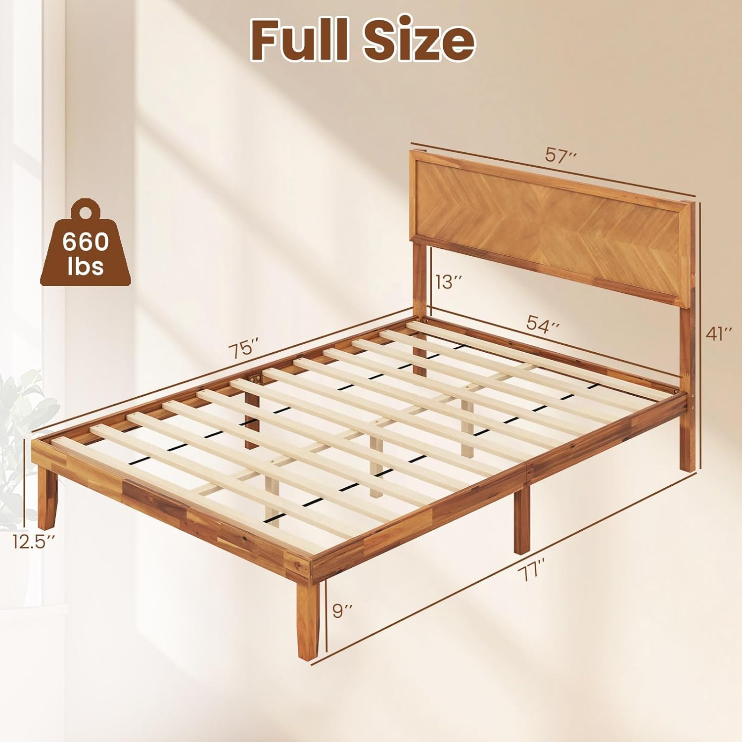 Giantex Wood Full Size Bed Frame with Headboard, Solid Acacia Wood Platform Bed with 12 Strong Wooden Slat Support, Scandinavian Style Art Deco Full Bed Frame, No Box Spring Needed, Rustic Brown