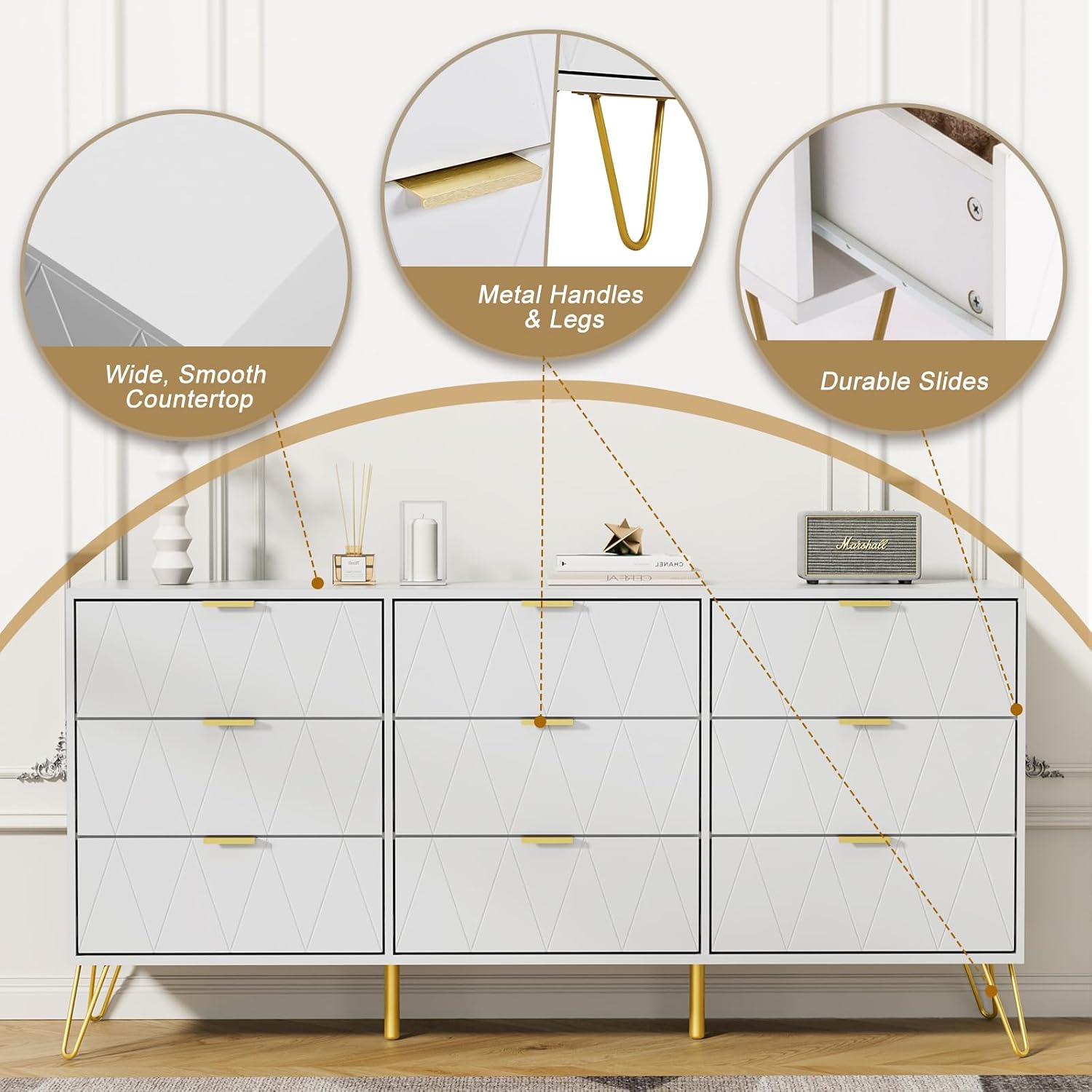 Anbuy Bedroom Sets 3 Pieces White Modern Nightstands and 9 Drawer Dresser Sets Bedside Table Set Bedroom Set 3 Pcs White