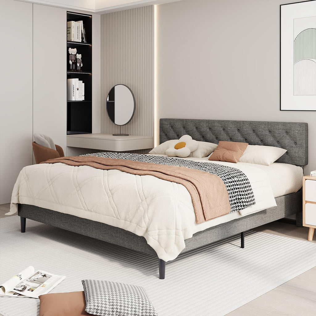 BarnFurin King Size Platform Bed Frame, Fabric Upholstered Bed with Button Tufted Headboard, Adjustable Headboard Design, Easy Assembly, No Box Spring Required, Light Grey