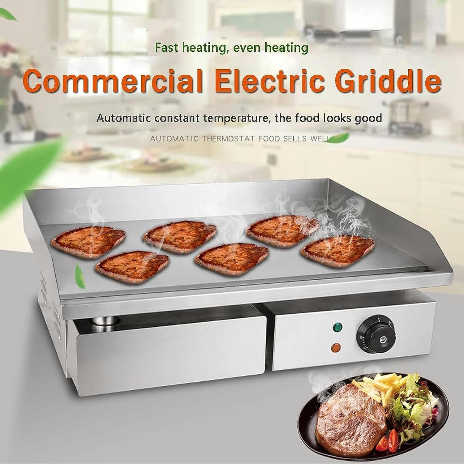 3000W Electric Griddle, Commercial Countertop Cooking Hot Plate BBQ Grill, 50-300℃ Adjustable Stainless Steel Teppanyaki for BBQ Cooking Steak, Pancakes