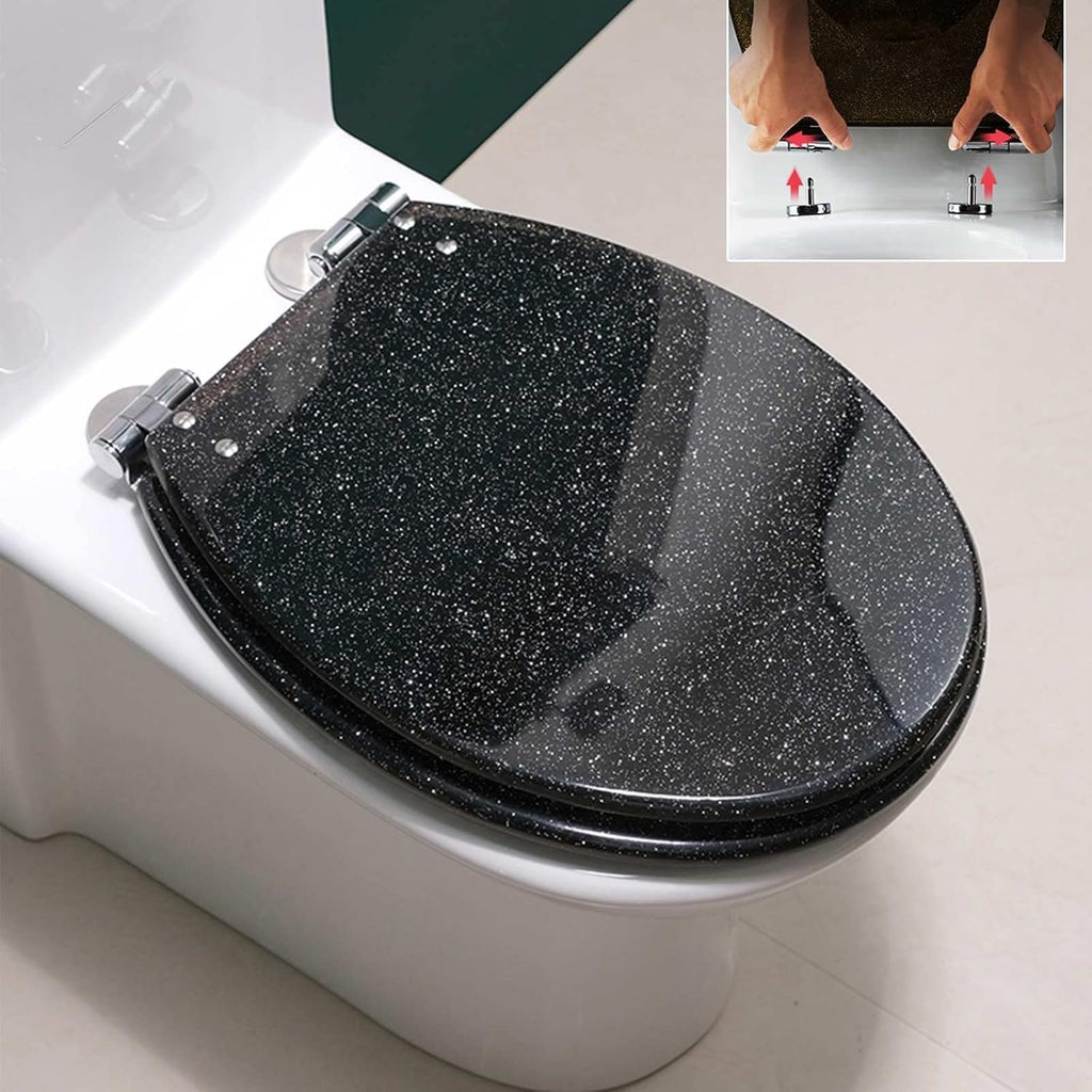 Glitter Resin Toilet Seat Elongated, Soft Close Quick Release, Easy Installation/Remove, Fit All Standard Oval-Shape (Black)