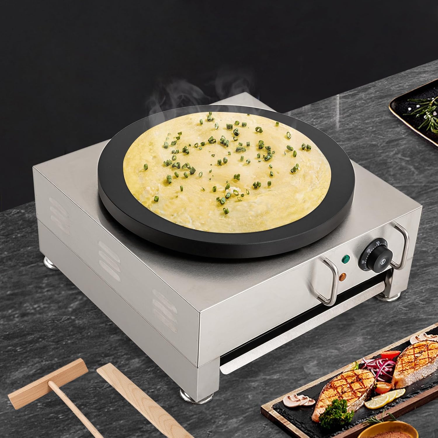 Electric Crepe Maker,16 Inch Large Pancake Machine Crepes Griddle With Wooden Spreader,2200W Stainless Steel Crepe Maker for Kitchens,Restaurants