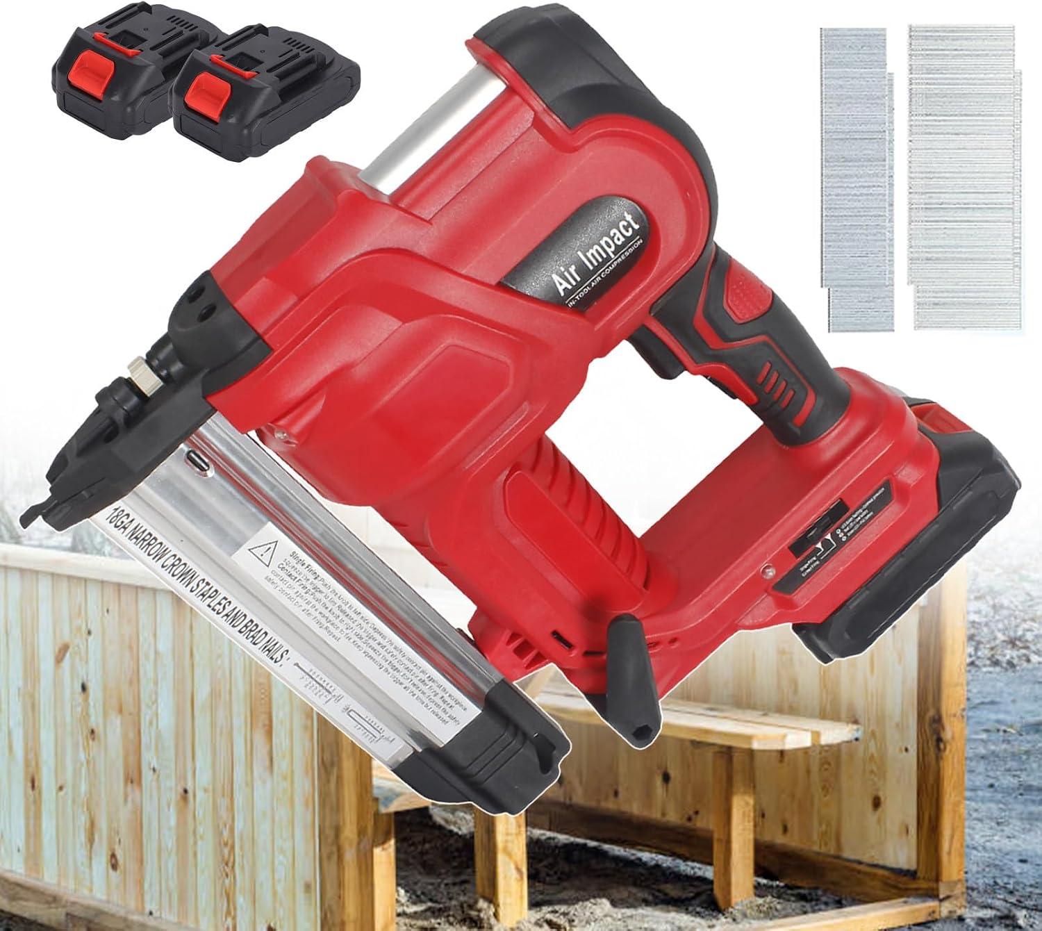Cordless Brad Nailer, Handheld Electric Nail Staple Machine, with 2 Batteries, 2 in 1 Woodworking Stapler Nailer with 200 Straight Nails & 200 Staples, for Carpentry, Upholstery Red