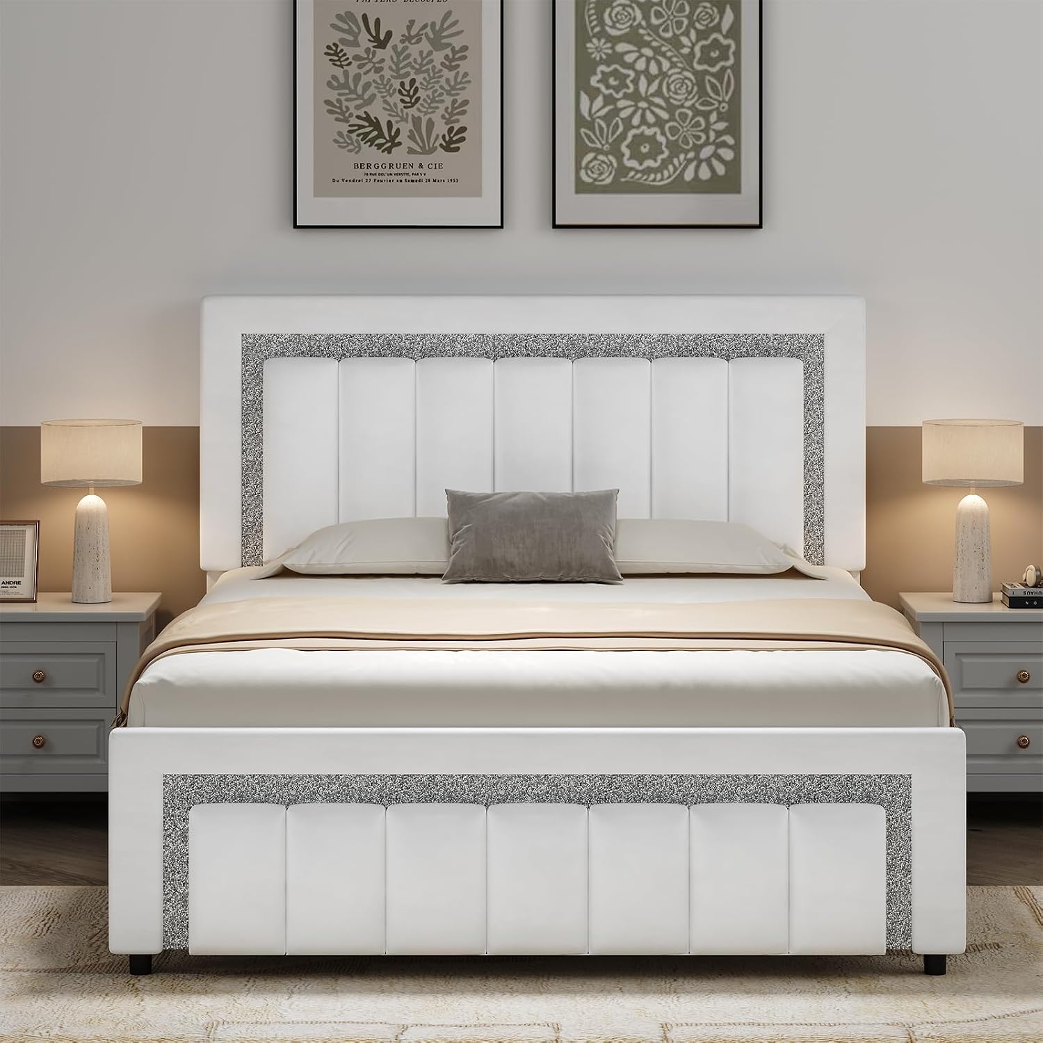HOMBCK Full Bed Frame with LED Lights and Velvet Upholstered Adjustable Headboard, Bed Frame Full Size with Diamond Headboard & Footboard, Wood Slats Support, Noise Free, No Box Spring Needed, White