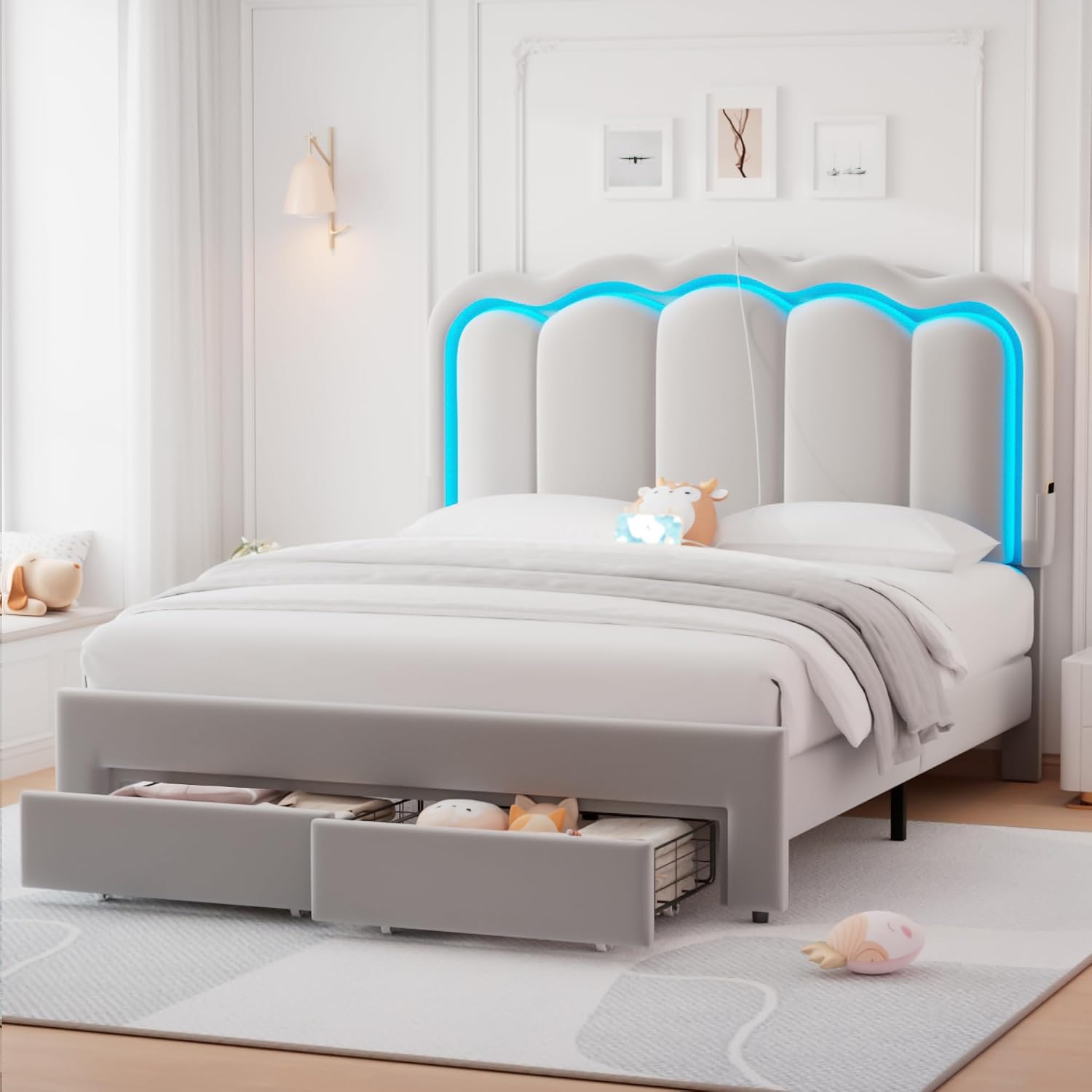 Velvet Upholstered Full LED Bed Frame with 2 Storage Drawers and Adjustable Chic Double Wavy Headboard, Princess Platform Bed with Charing Station, Solid Wood Slats Support,No Box Spring Needed,Grey