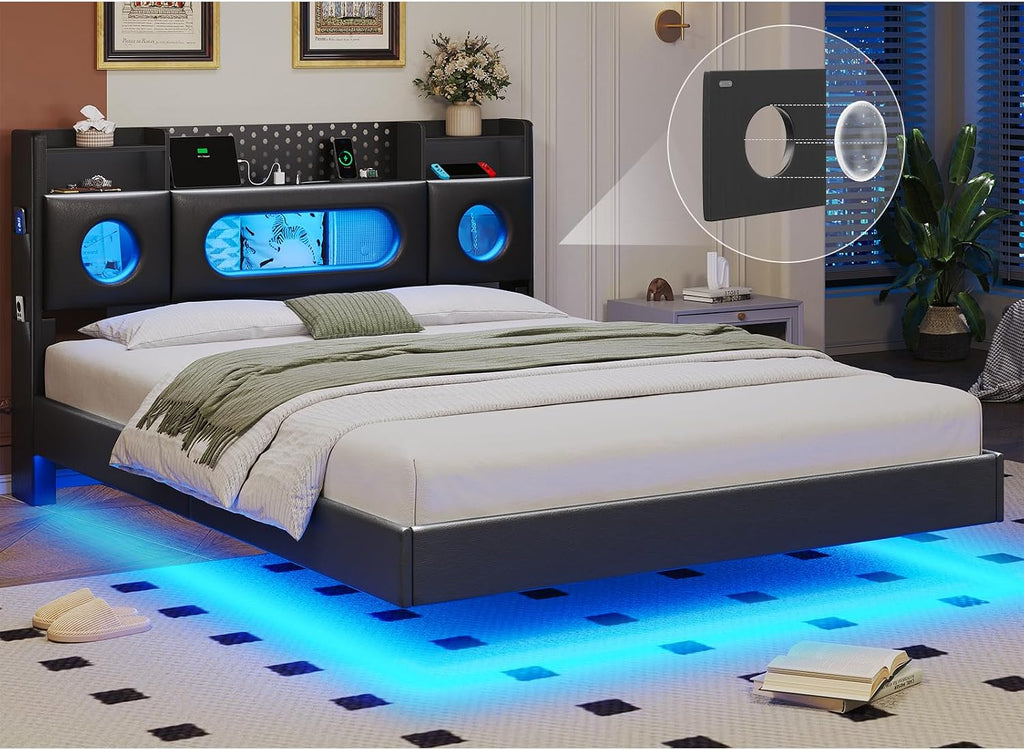 Floating Bed Frame Queen,Queen Bed Frame with Headboard & LED Light &Charging Station,Bed Frame Queen Size Leather Metal Platform Noise-Free,Floating Bed Frame No Box Spring Needed,Easy Assembly,Black