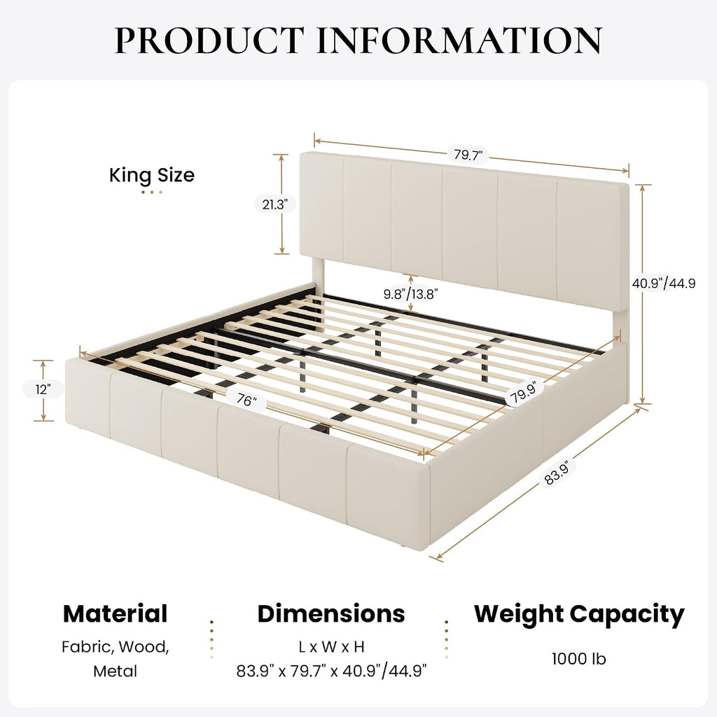 SHA CERLIN King Size Bed Frame, Dutch Velvet Upholstered Platform Bed, Vertical Channel Tufted Adjustable Headboard, Low Profile Bed Frame, No Box Spring Needed, Easy Assembly, Cream