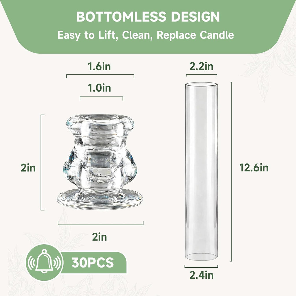 30 Pack Glass Hurricane Candle Holders 12.6' Open Ended Candlestick Holder Tubes Clear Bottomless Cylinders Suitable Taper LED Candles for Wedding Party Christmas Table Centerpiece Decor
