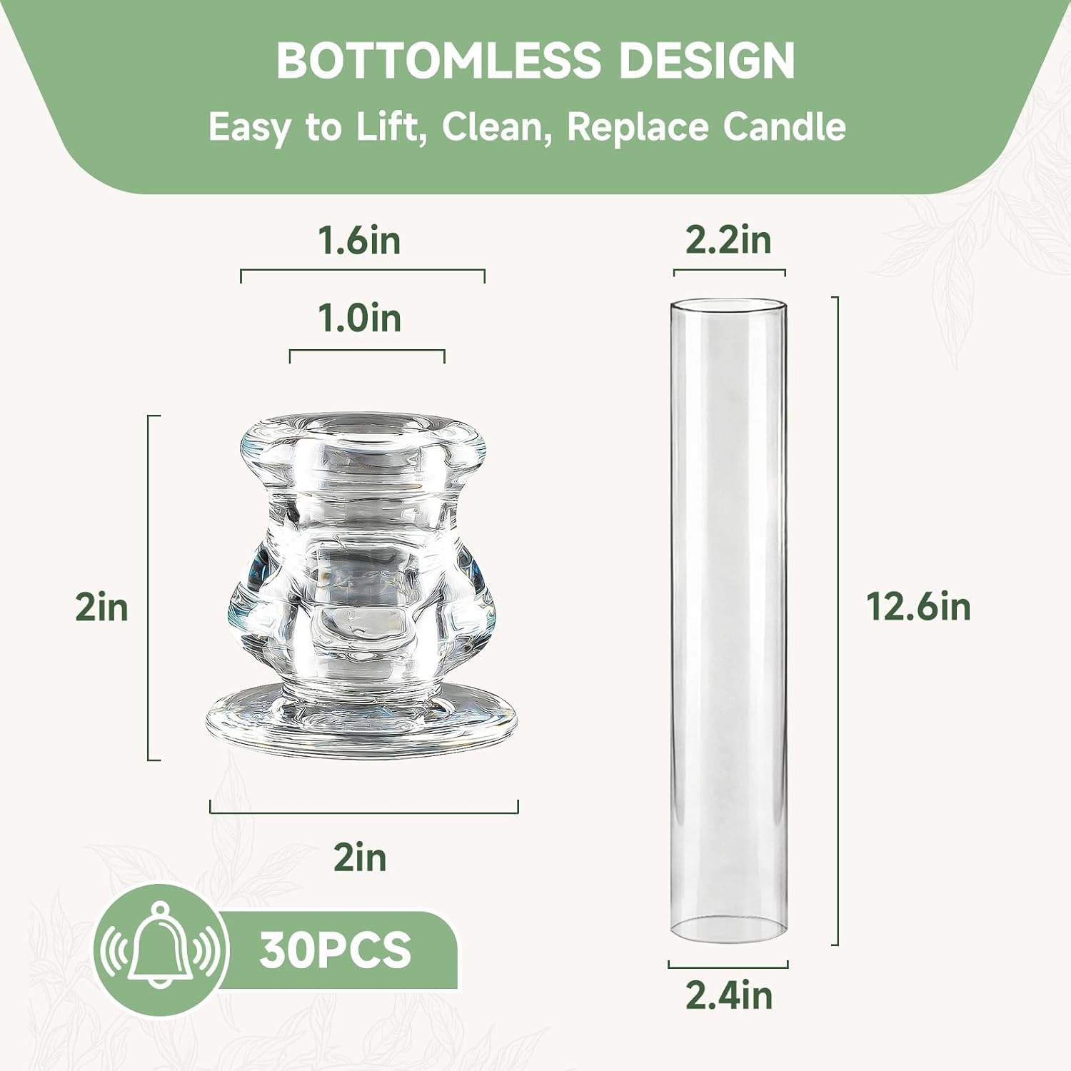30 Pack Glass Hurricane Candle Holders 12.6' Open Ended Candlestick Holder Tubes Clear Bottomless Cylinders Suitable Taper LED Candles for Wedding Party Christmas Table Centerpiece Decor