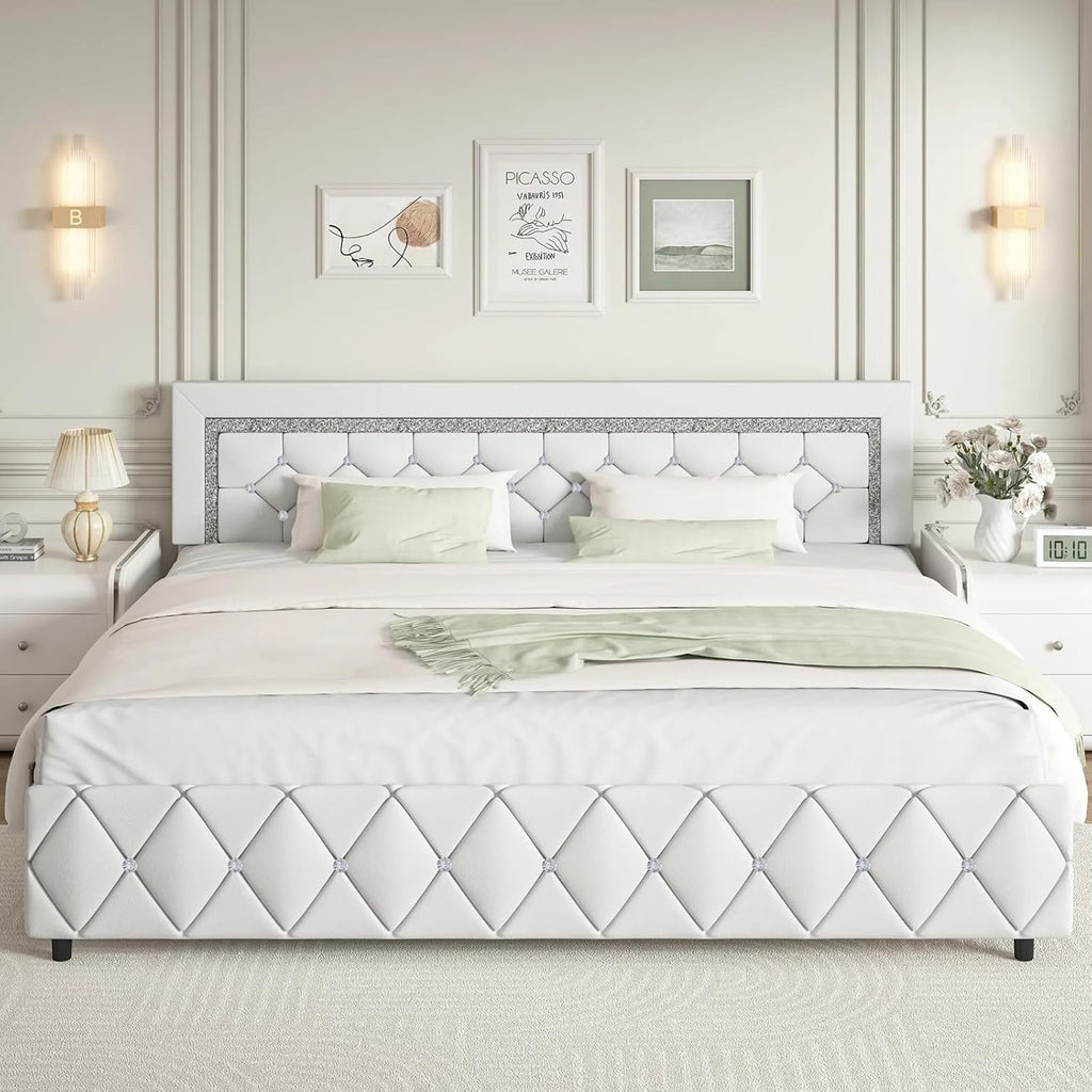BarnFurin King Size Bed Frame and Headboard, Faux Leather Upholstered Bed with Diamond Tufted Design, Modern Platform Bed Frame with Wooden Slats Support, No Box Spring Required, Easy Assembly, White
