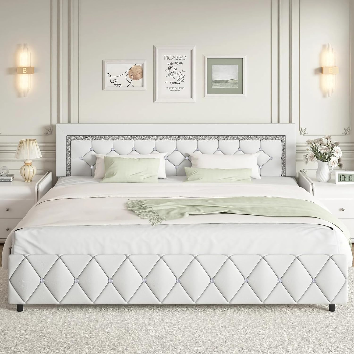 BarnFurin King Size Bed Frame and Headboard, Faux Leather Upholstered Bed with Diamond Tufted Design, Modern Platform Bed Frame with Wooden Slats Support, No Box Spring Required, Easy Assembly, White