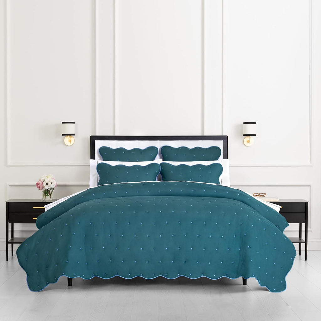 kate spade new york Scalloped Edge 3-Piece King Quilt Bedding Set, 100% Cotton Voile Reversible Cover, All Season Bedding, Machine Washable, Blue Spruce
