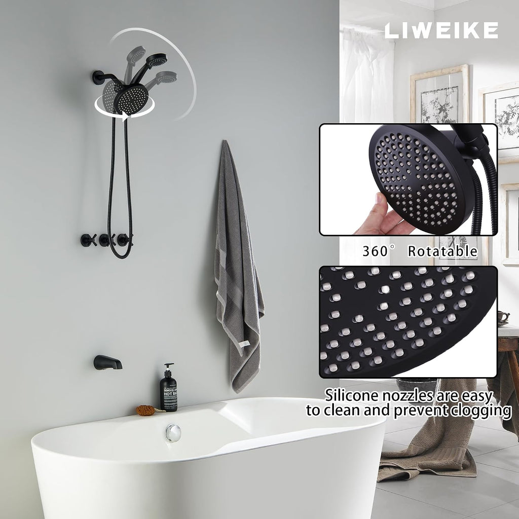LIWEIKE 3 Handle Tub Shower Faucet, Matte Black Three Handles and Tub Spout Faucet Set Black Shower Faucet 3 Knob Brass Rough-in Valve