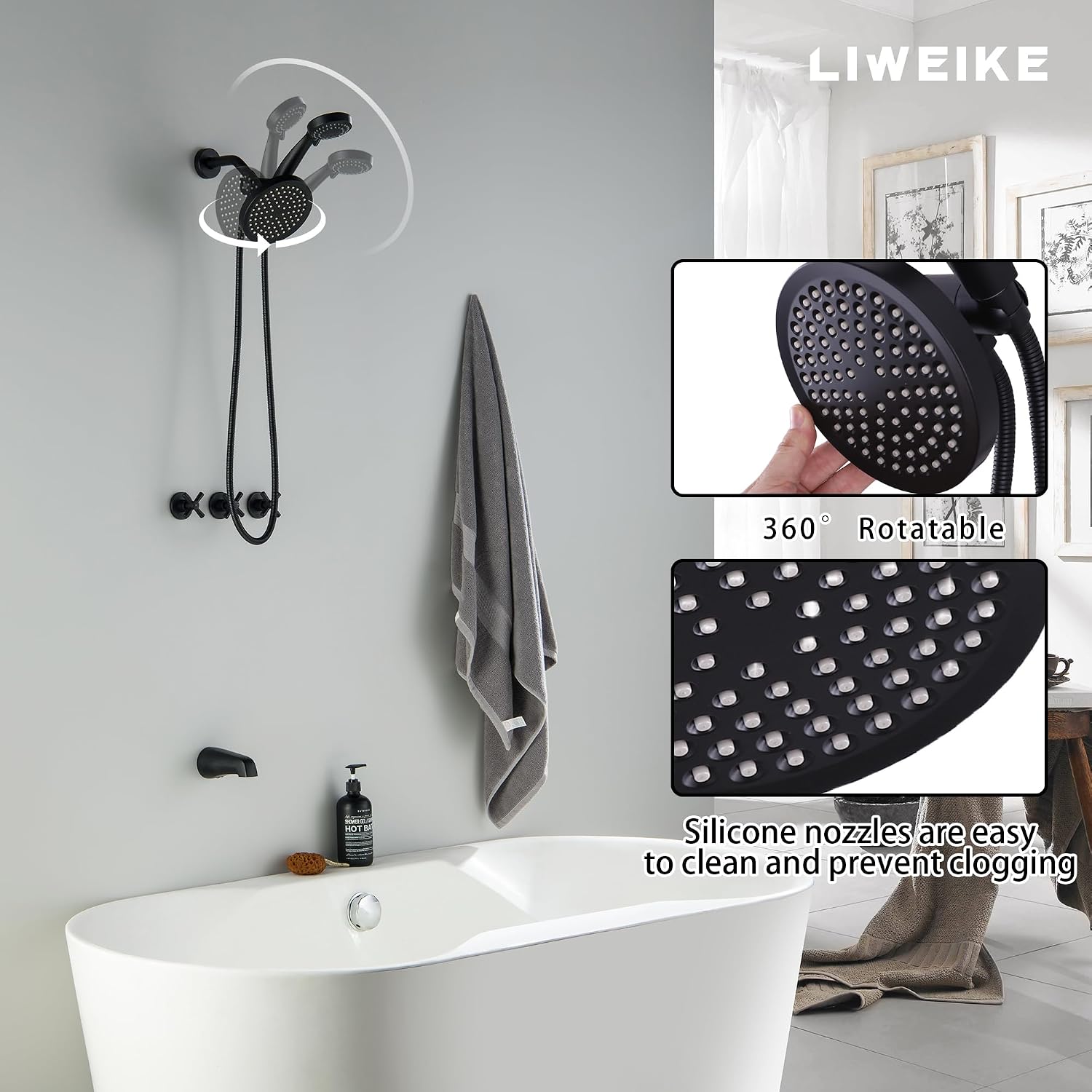 LIWEIKE 3 Handle Tub Shower Faucet, Matte Black Three Handles and Tub Spout Faucet Set Black Shower Faucet 3 Knob Brass Rough-in Valve