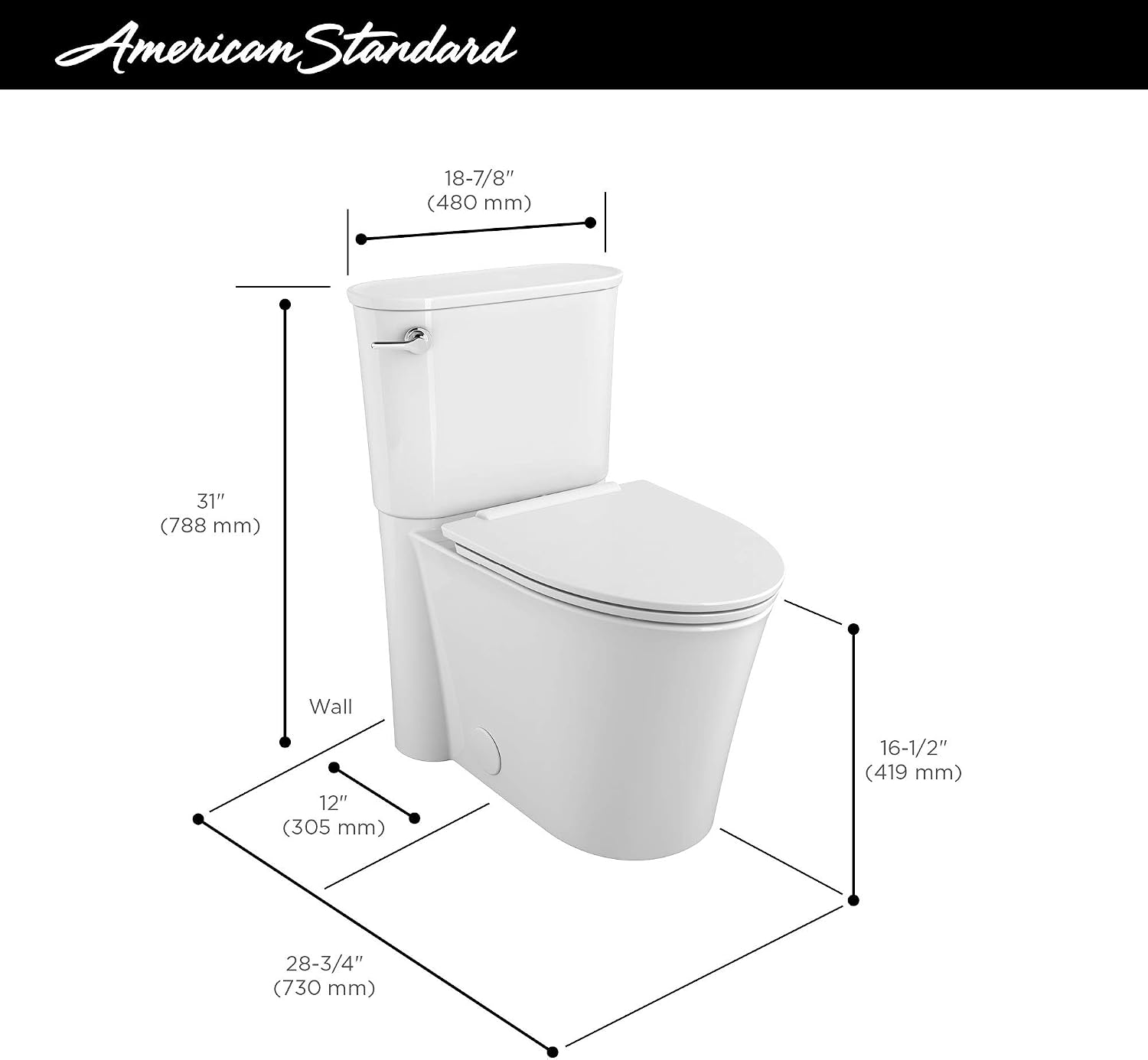 American Standard Studio S Right Height Elongated Toilet with Seat - Left Hand Trip Lever, Water-Saving High-Efficiency Toilet