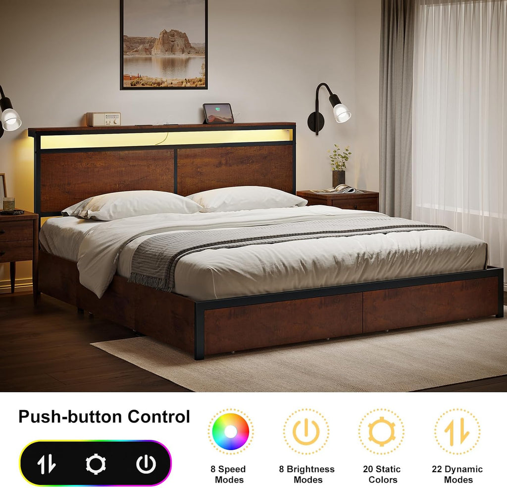 HAUSOURCE King Bed Frame with 4 Storage Drawers Metal Platform Bed Frame King Size with Headboard Charging Station LED Lights Non-Slip Without Noise No Box Spring Needed