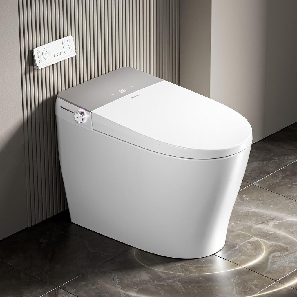 Commercial Grade Smart Toilet with Built-in Tank and Pump - 12' Rough-in, Low Water Pressure Solution, Heavy Duty Smart Bidet Toilet with Knob Control, Foot Sensor Flush, Blackout Flush