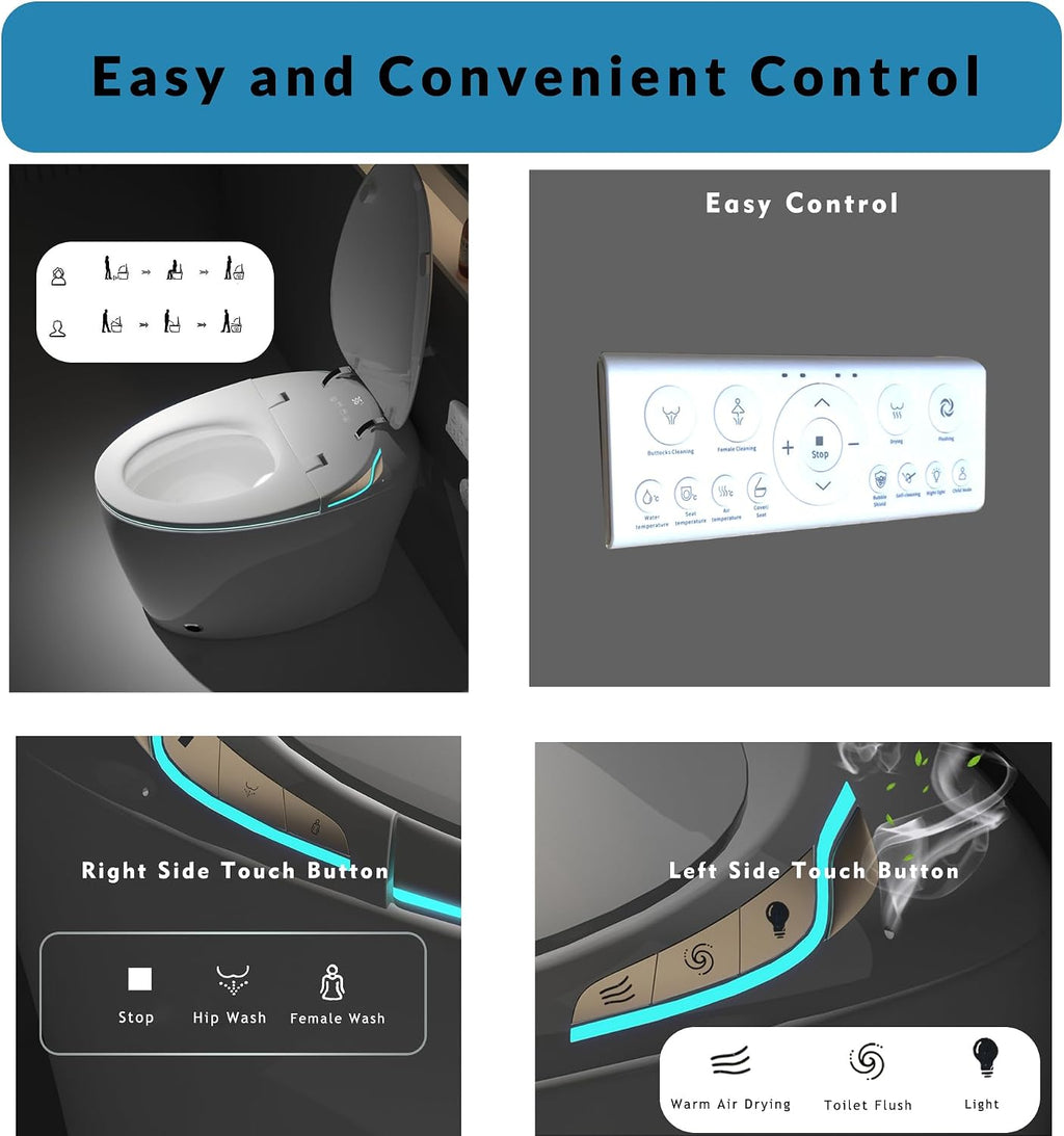 WinZo Luxury Smart Toilet With Bidet Seat, Elongated Egg Shaped Modern Design, Auto Open Auto Flush, Adjusted Heated Seat, Warm Water and Dryer, Night Light, Side Buttons, Matte Black
