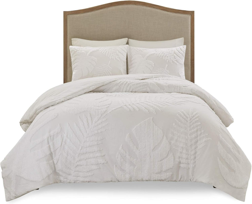 Madison Park Tufted Chenille Cotton Comforter, All Season Bedding Set, Matching Shams, Bahari, Coastal Palm Leaf Off White King/Cal King(104'x92') 3 Piece