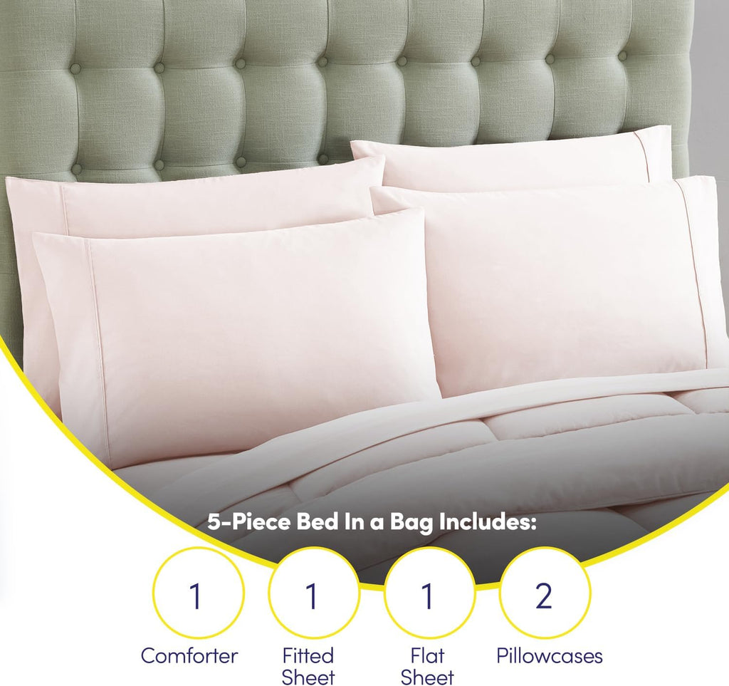 Sweet Home Collection 7 Piece Comforter Set Bag Solid Color All Season Soft Down Alternative Blanket & Luxurious Microfiber Bed Sheets, Pale Pink, Twin XL (Pack of 4)