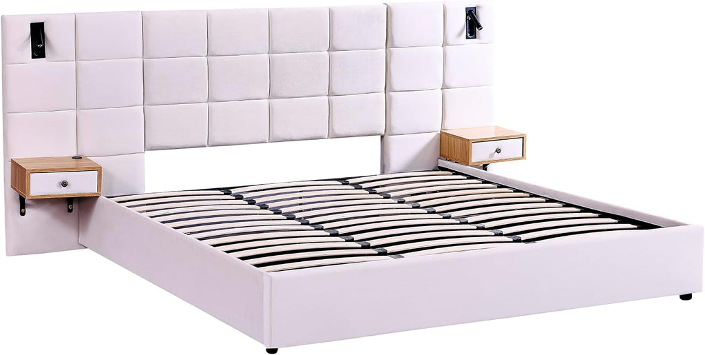 Luxury Velvet King Size Bed Frame with Hydraulic Lift and Storage, Built-in LED Lights, USB Charging Station & 2 Shelves, No Box Spring Needed Platform Bed (Beige)