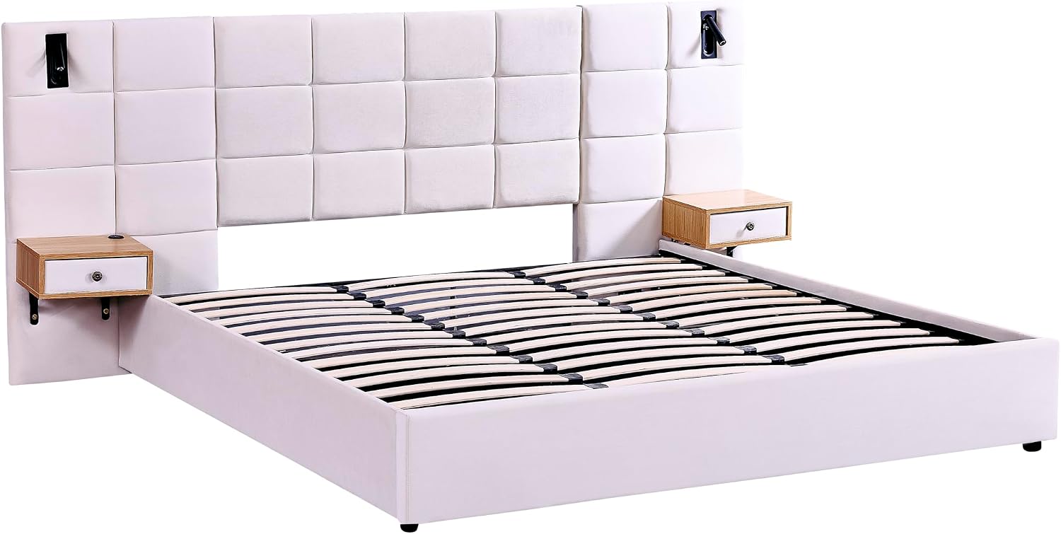Luxury Velvet King Size Bed Frame with Hydraulic Lift and Storage, Built-in LED Lights, USB Charging Station & 2 Shelves, No Box Spring Needed Platform Bed (Beige)