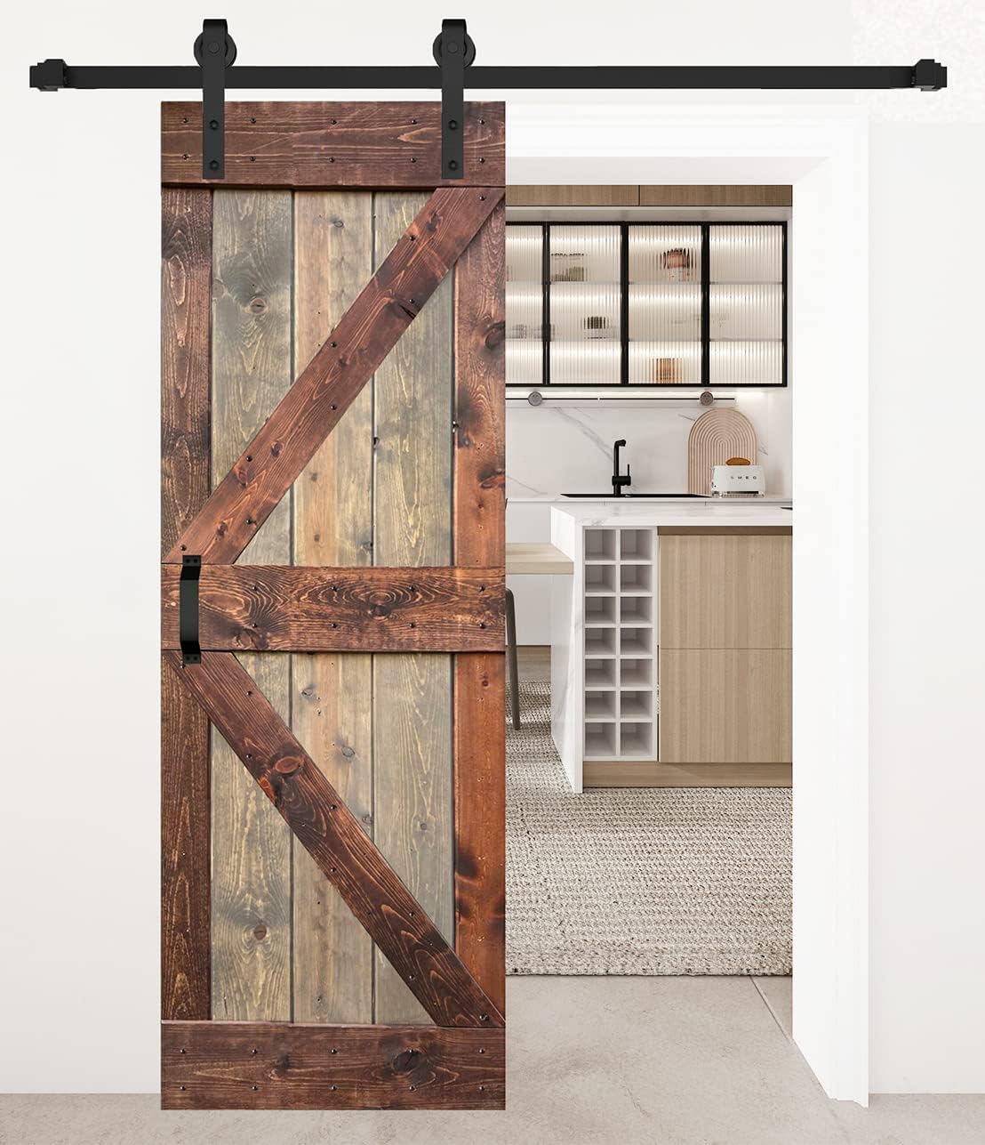 K Series 28in x 84in Brown/Walnut Finished DIY Solid Wood Interior Sliding Barn Door Slab (Hardware Kit NOT Included) - Assembly Needed