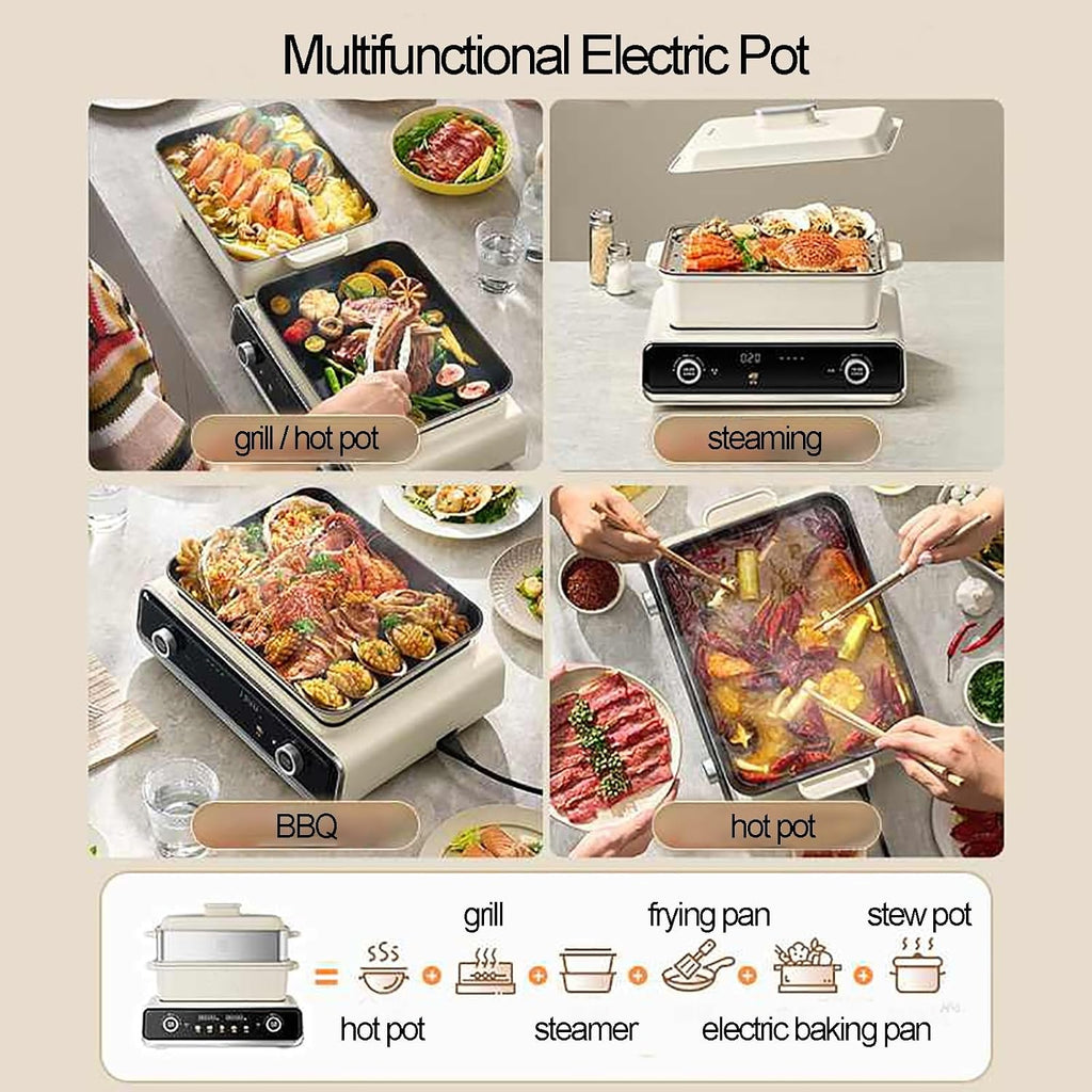 Multifunction Indoor Electric Pot, Electric Skillet, Grill, Griddle, Hot Pot, Double Pot with Independent Temperature Control, 2100 W Foldable Non-Stick Pot