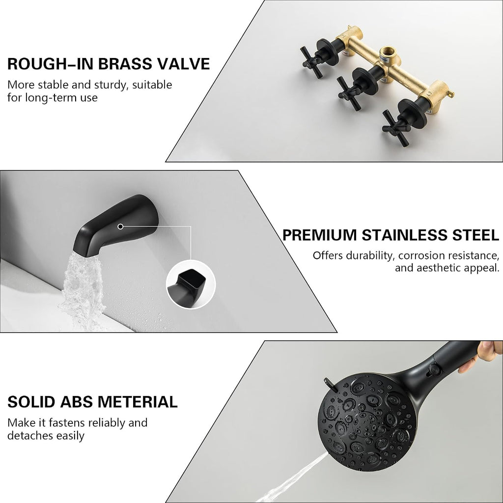 LIWEIKE Matte Black 3 Handle Tub Shower Faucet, 3 Knob Shower Tub Faucet Set with with 10 Setting with Magnetic Handheld Head Three Handle Tub and Shower Faucet Set
