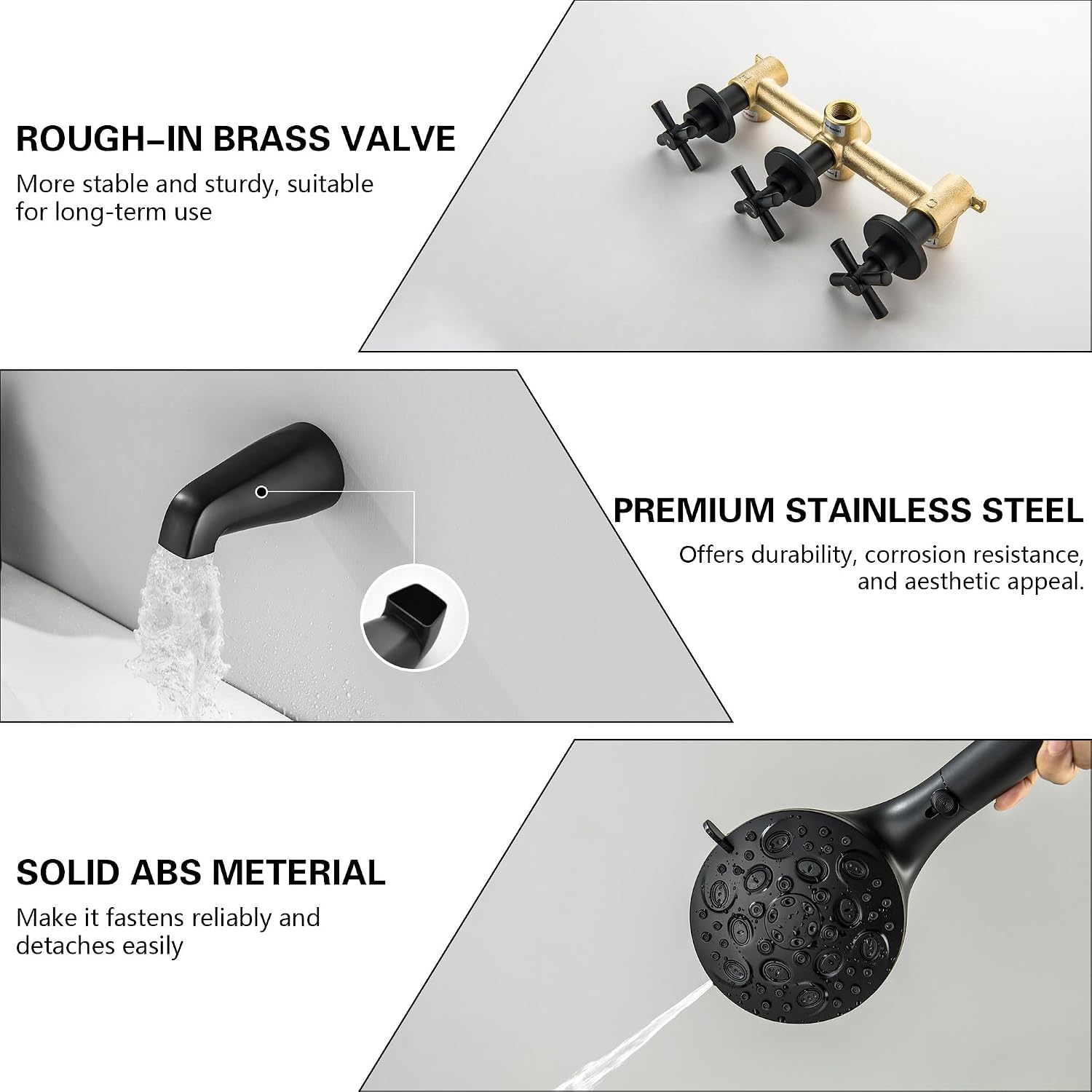 LIWEIKE Matte Black 3 Handle Tub Shower Faucet, 3 Knob Shower Tub Faucet Set with with 10 Setting with Magnetic Handheld Head Three Handle Tub and Shower Faucet Set