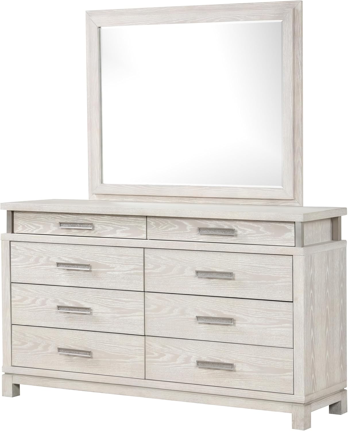 Furniture of America Bailer Modern Solid Wood 6-Piece Bedroom Set with LED on Headboard, Stainless Steal Posts and Marble Top on Nightstand, Box Spring Needed, Queen, Weathered Gray