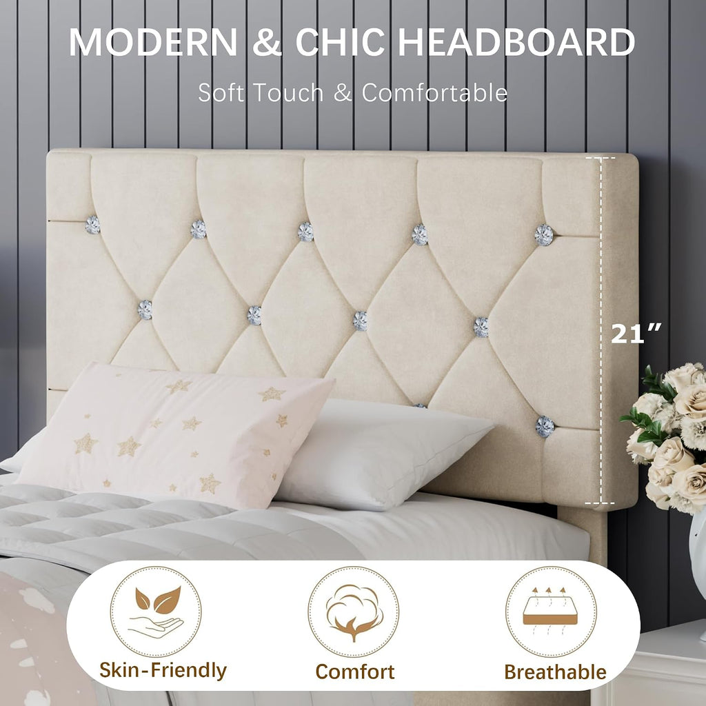 VECELO Twin Size Bed Frame, Upholstered Platform with Adjustable Diamond Tufted Headboard, Wood Slat Support, No Box Spring Needed, Pala Beige