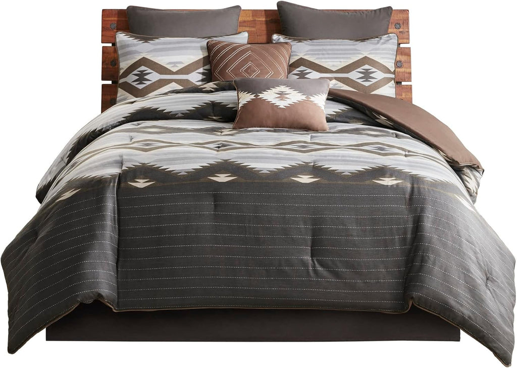 Woolrich Cal King Comforter Set, Southwestern Aztec 8 Piece Bedding Set, Oversized All Season Down Alternative Comforter with Shams, Euro Shams, Decorative Pillows&Bedskirt, Rustic Cabin, Grey Brown