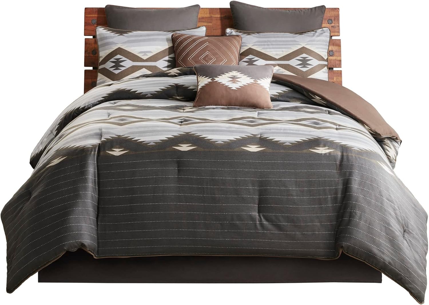 Woolrich King Comforter Set, Southwestern Aztec 8 Piece Bedding Set, Oversized All Season Down Alternative Comforter with Shams, Euro Shams, Decorative Pillows & Bedskirt, Rustic Cabin, Grey Brown